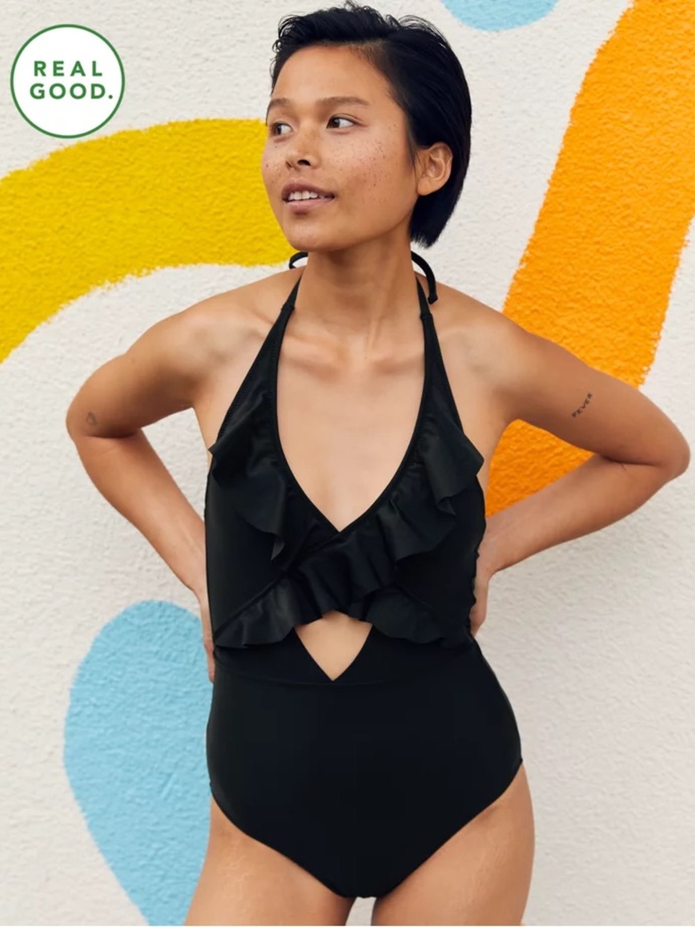 NWT Aerie Full Coverage Ruffle One Piece Swimsuit in Black - Picture 3 of 9